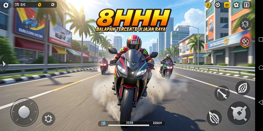 Tangkapan layar 8HHH menunjukkan aksi balapan motor yang mendebarkan.