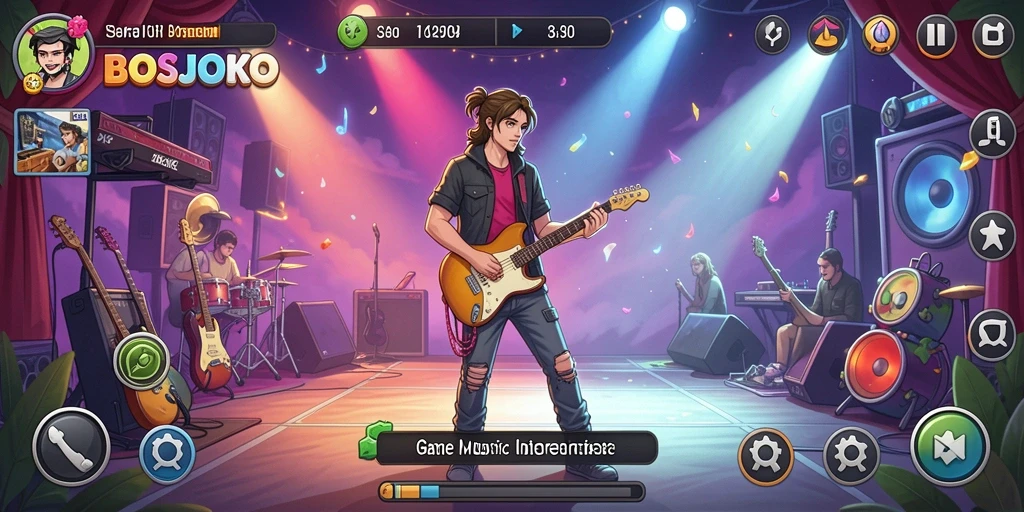 Tangkapan layar gameplay BOSJOKO menggambarkan pemain menikmati musik.