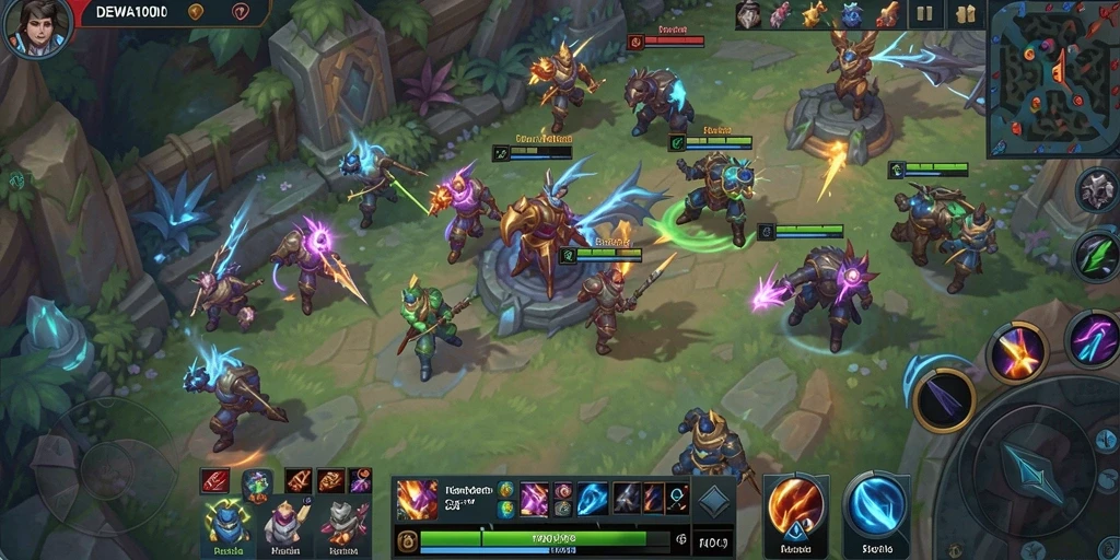 Tangkapan layar gameplay seru DEWA1000 di arena MOBA.