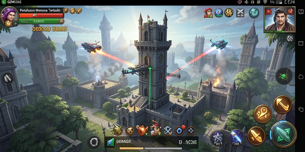 Gameplay seru GEMS365 dengan pertahanan menara yang strategis.