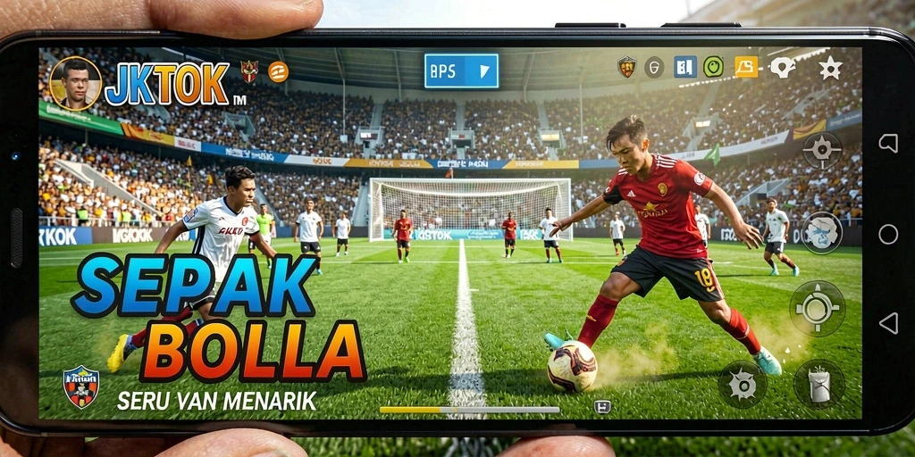 Tampilan gameplay seru dalam JKTOK dengan aksi sepak bola yang mendebarkan.