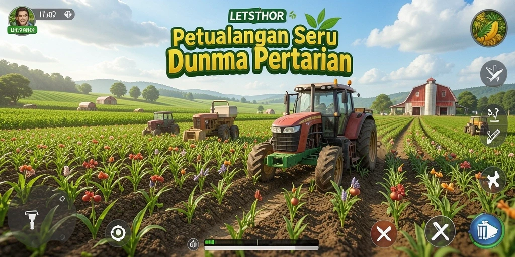 Screenshot gameplay LETSTHOR yang menunjukkan aktivitas bertani yang seru.