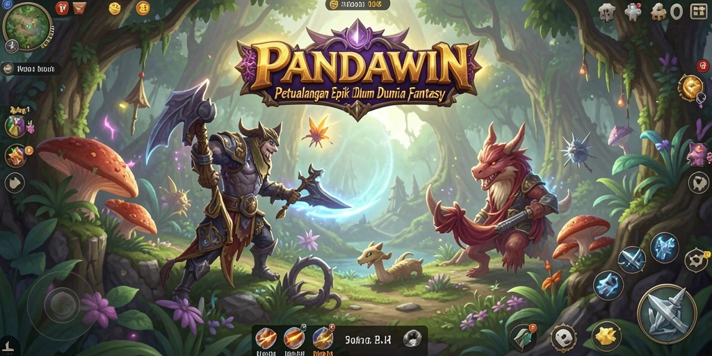 Screenshot gameplay <strong>PANDAWIN</strong> menampilkan petualangan epik dan pertempuran mendebarkan.